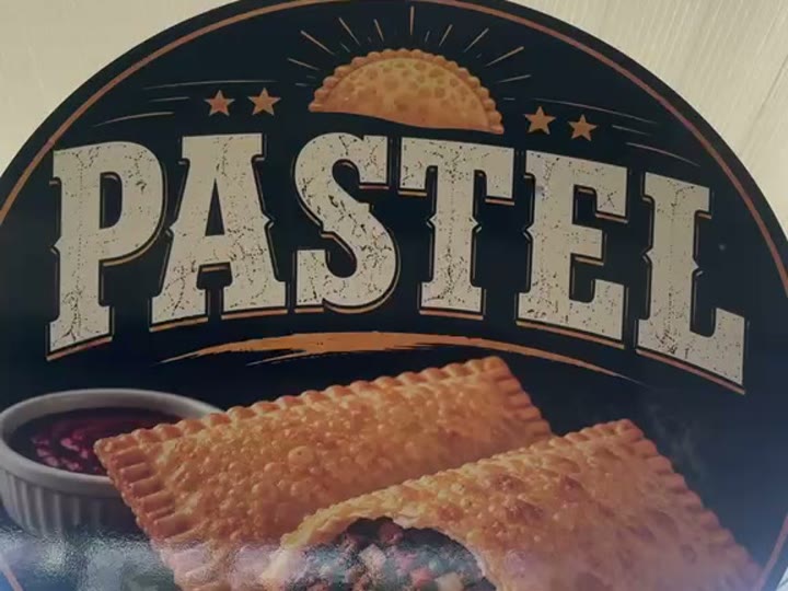 Emblema da estação Pastel da Pizza Gyn, com a ilustração de pastéis dourados e crocantes
